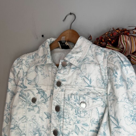 Elie Tahari Womens Denim Cropped Floral Printed Jean Jacket SMALL White - Picture 3 of 10